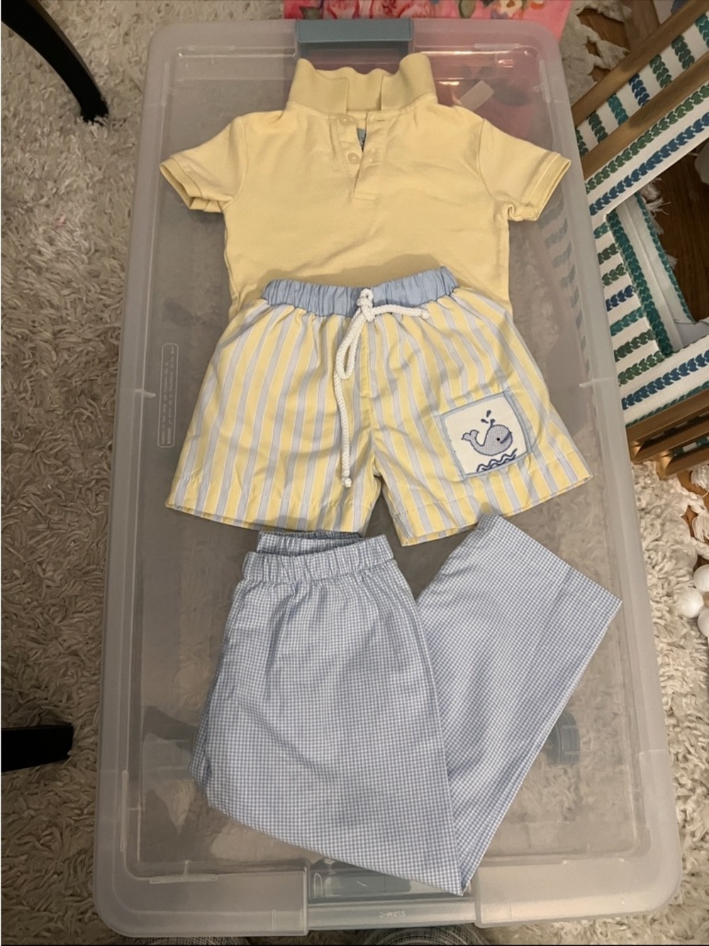 Boys 3T Boutique Outfit Set | Yellow Polo  + Gingham Pants + swimsuit | Preppy